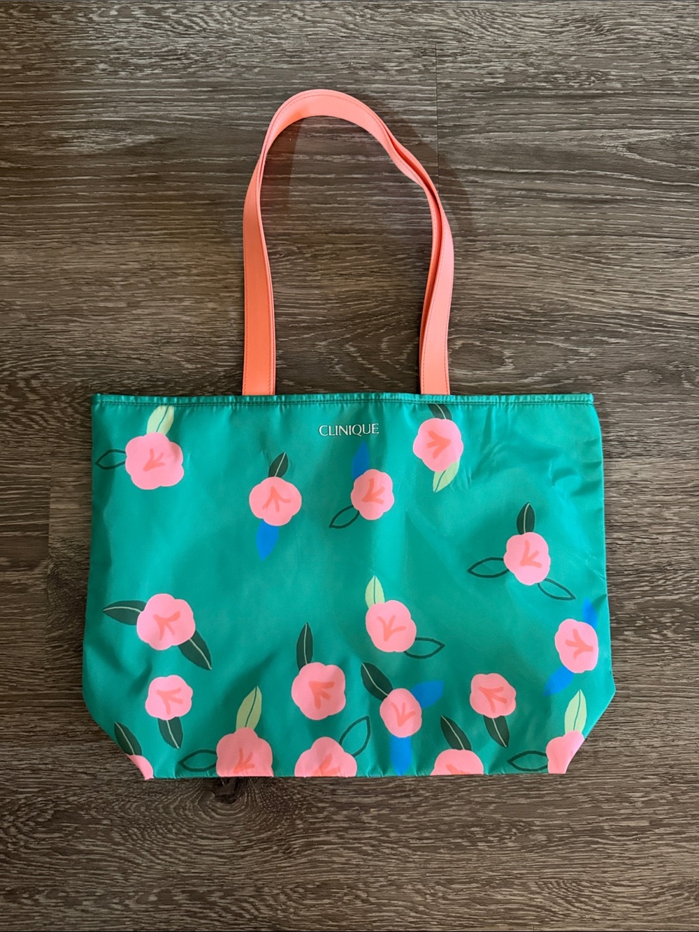 Clinique Green Tote with Coral Pink Floral Accents